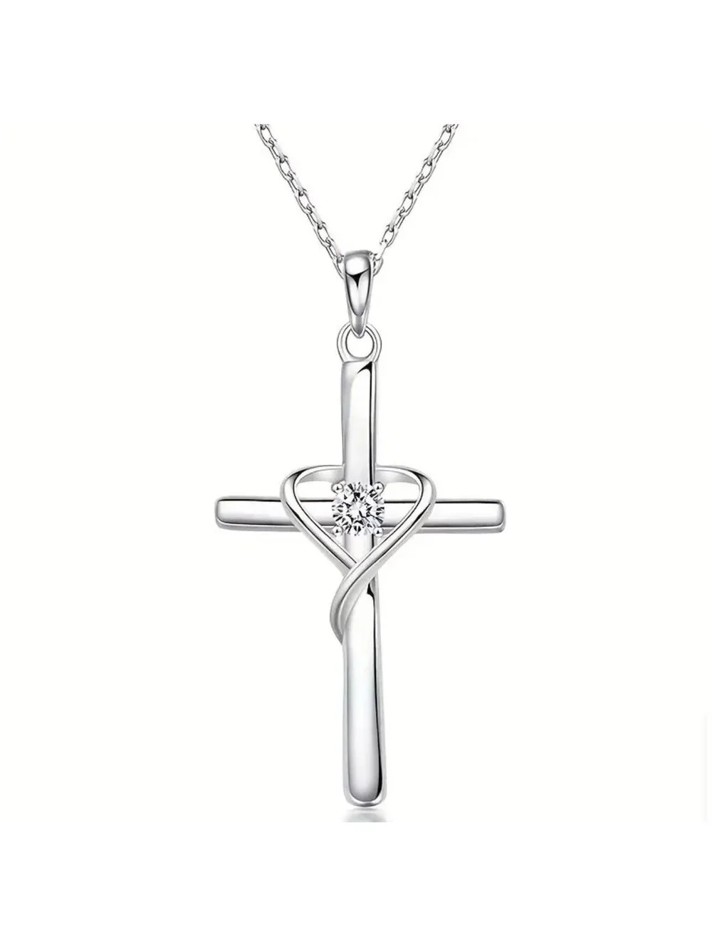 New - Silver - Inlaid Zirconia Heart Cross Pendant Necklace